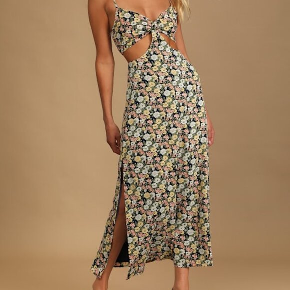 Lulus It's A Perfect Pick Navy Blue Floral Print Cutout Maxi Dress - Size S - Picture 1 of 1
